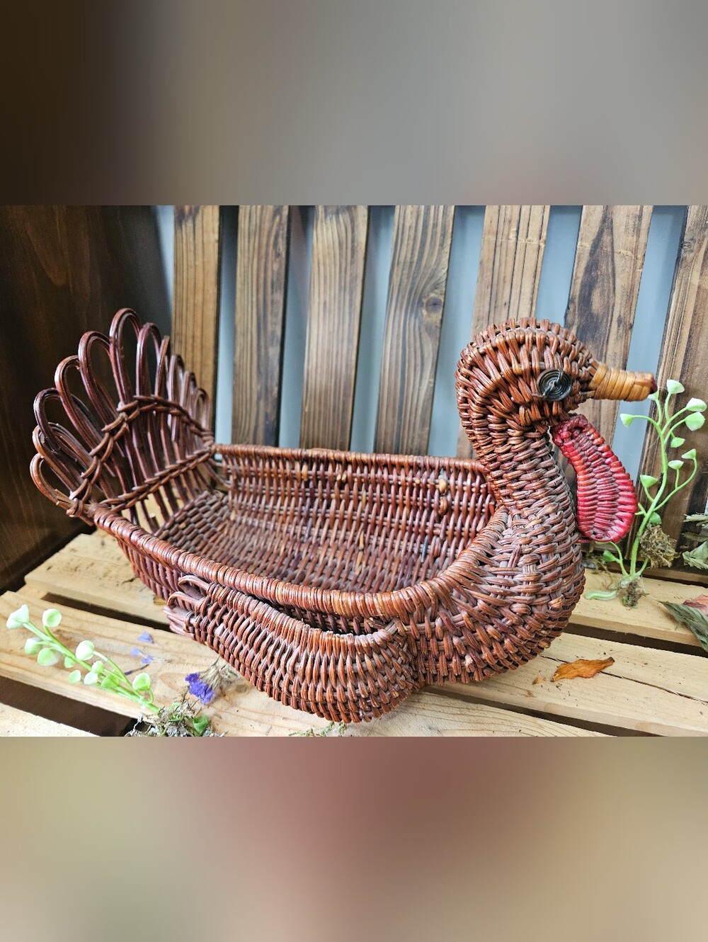 Vintage Turkey Wicker Serving Basket